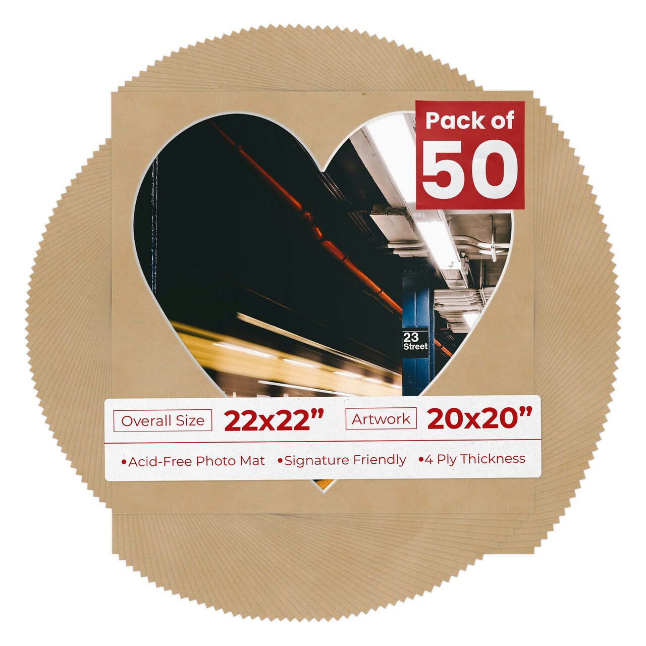 Beige Suede Mat Board for 22x22 Frames - Heart Opening for 20x20 Photos